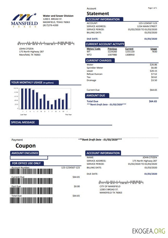 USA Mansfield Texas utility bill template in Word and PDF format (.doc and .pdf)
